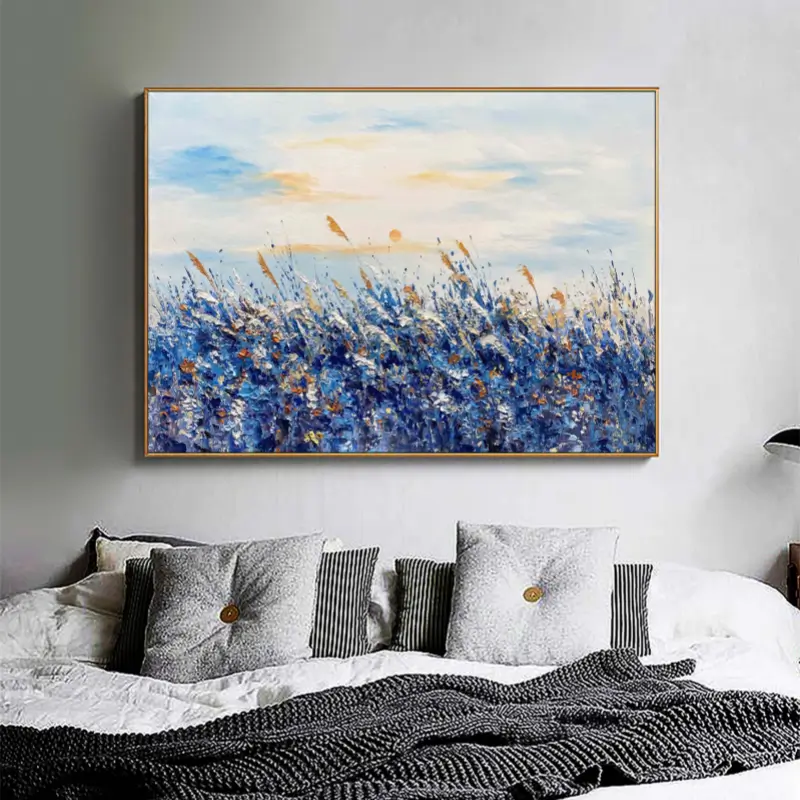 Original oil painting hand painted on canvas natural blue flowers home decoration thick texture knife painting modern wall painting art