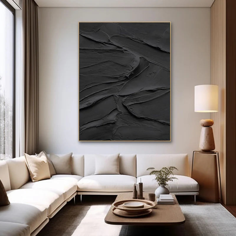 Minimalist black thick texture oil painting hand-painted stripes wall modern art decoration