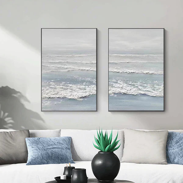 Original minimalist oil painting white sky blue ocean and sky hand painted canvas home decoration texture art set of 2 wall painting